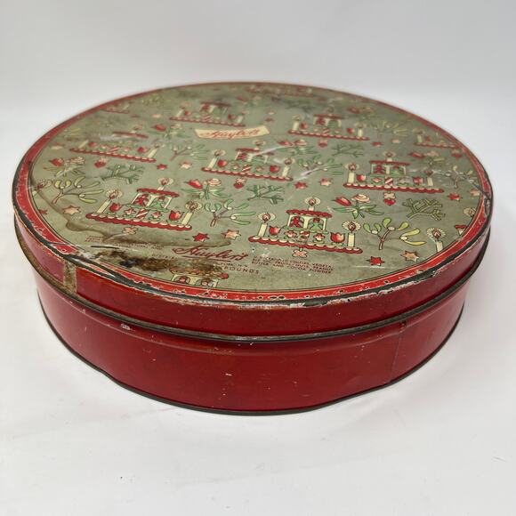 Vintage 30s Huylers Christmas Candy Tin Round Metal Primitive Cottage Farmhouse - Picture 2 of 15